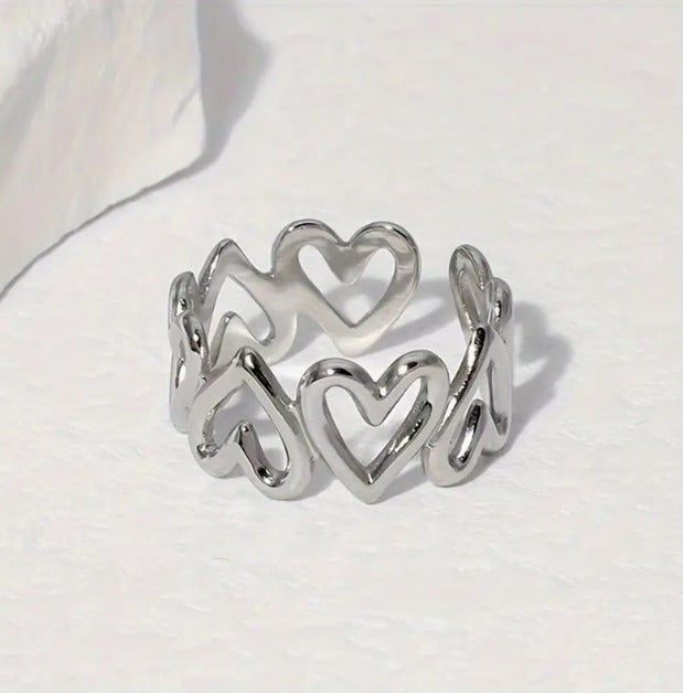 Anillo Trenza Corazones Plateado