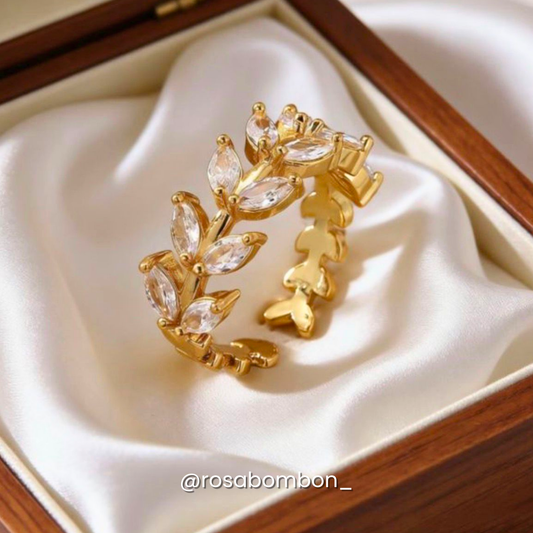 Anillo Dorado Hoja con Zirconia (Ajustable)