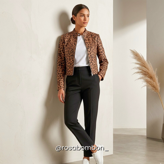 Chamarra Gamuza Animal Print Café