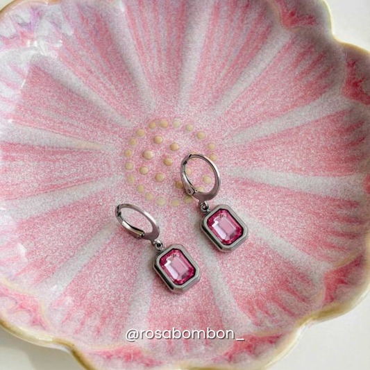 Aretes Pink Square Glass Silver