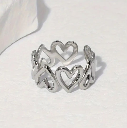 Anillo Trenza Corazones Plateado
